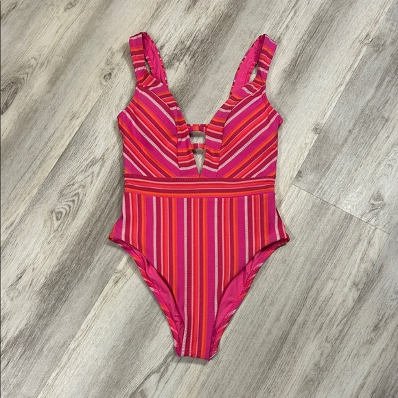 Trina Turk Pink Orange White Striped V-Plunge One Piece Swimsuit NWT / Women’s 6 - Picture 1 of 7